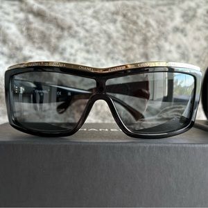 CHANEL Sunglasses, Shield Style, Black with Gold Trim